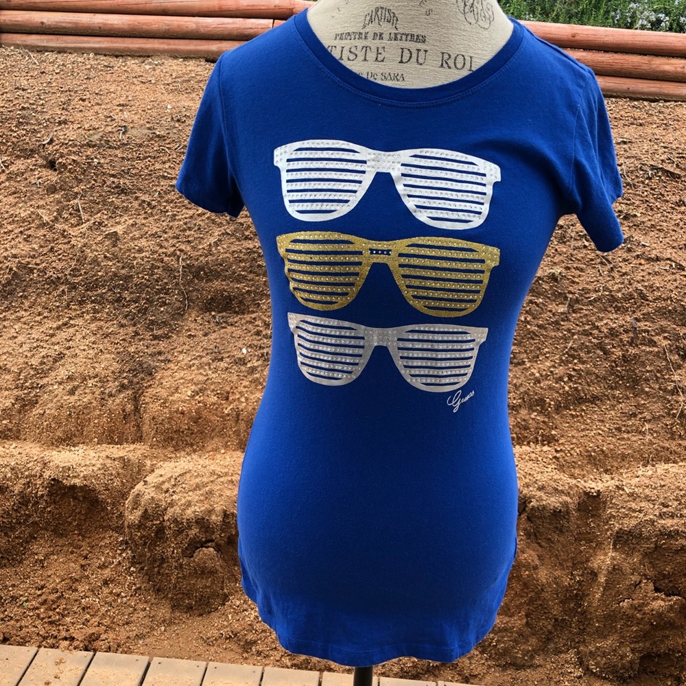 Guess M Blue Silver Gold Rhinestones Graphic Tee